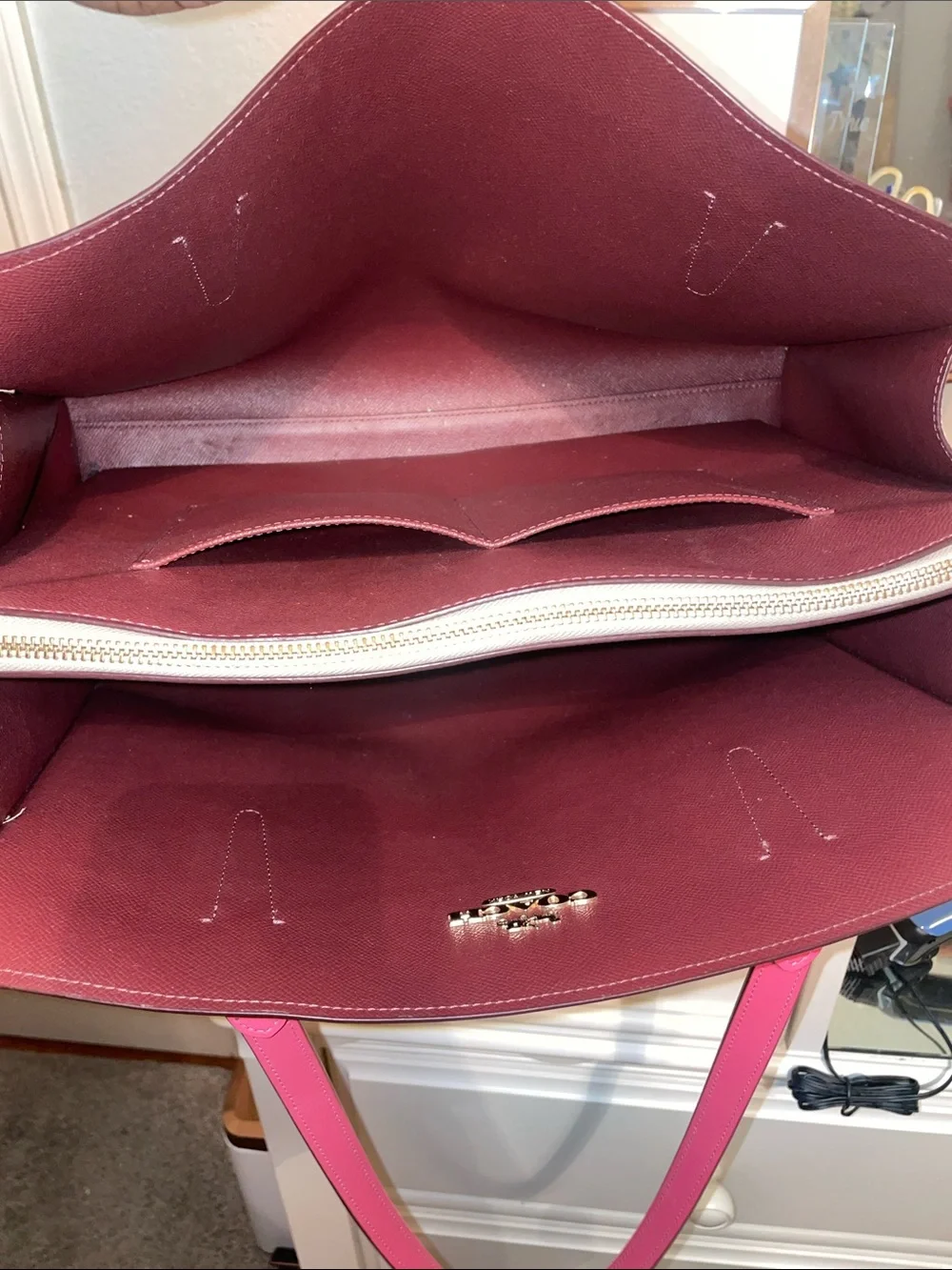 Coach Beige Signature Tote with Pink Handles